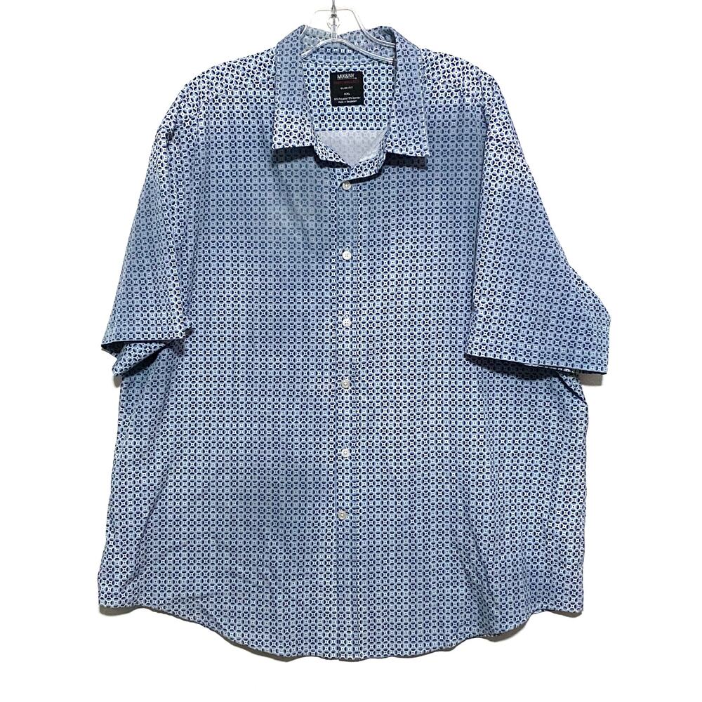 Mix & NY Blue Geometric Button Shirt Performance Slim Fit Men XXL Retro Coastal